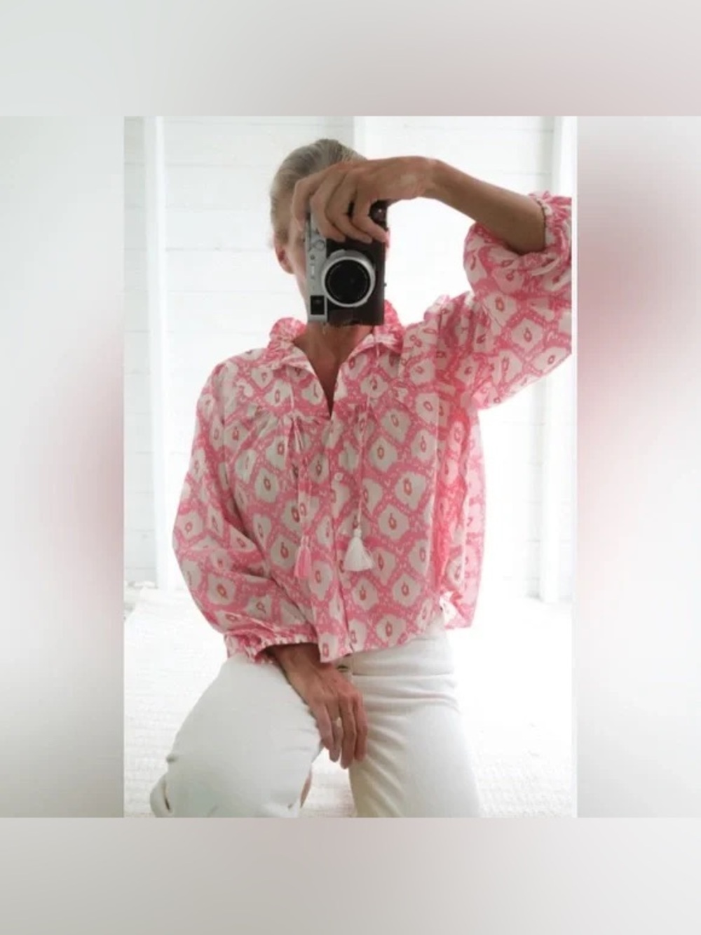 Marea Pink & White Patterned Peasant Blouse with Tassel Ties Ruffle Collar, Sz M